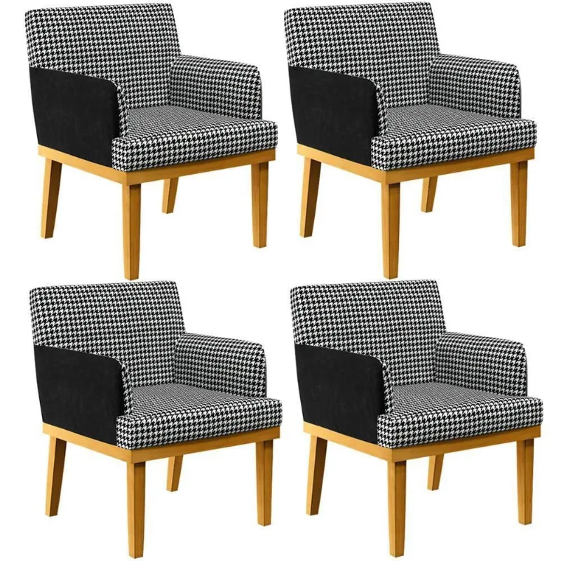 Kit 04 Poltronas Base Mel Suede Pied Poule Couríssimo Preto