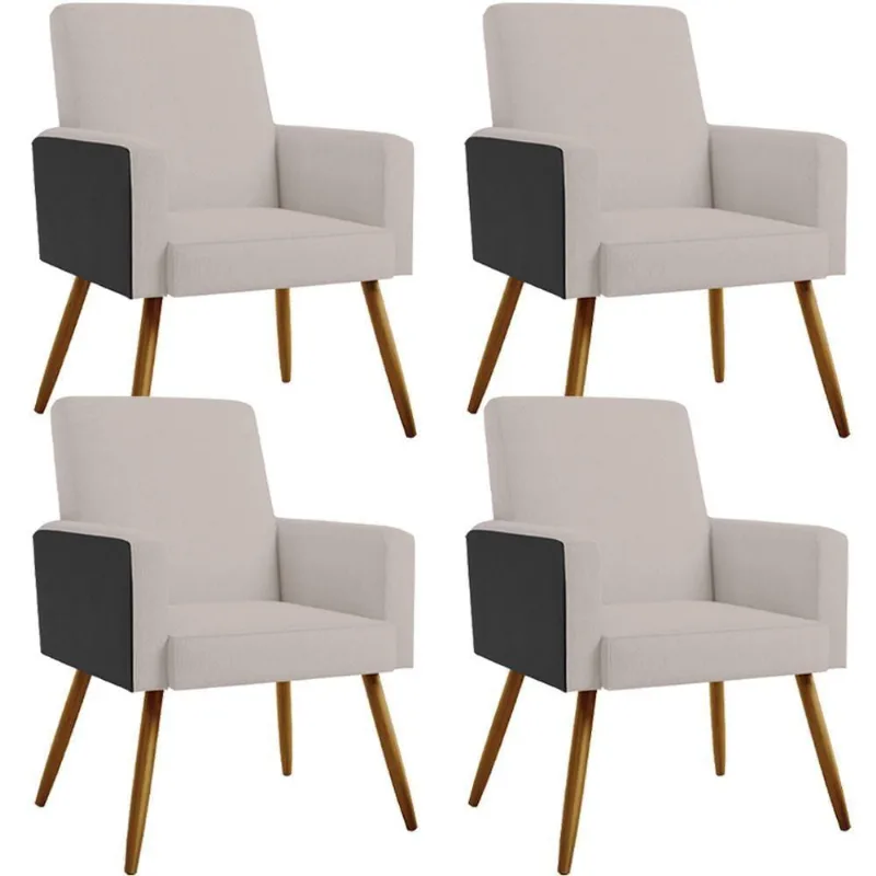 Kit 04 Poltronas Pés Palito Linho Bege Couríssimo Preto