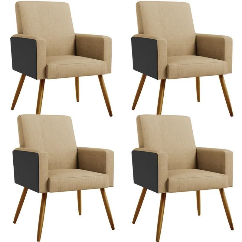 Kit 04 Poltronas Pés Palito Linho Bege Escuro Preto