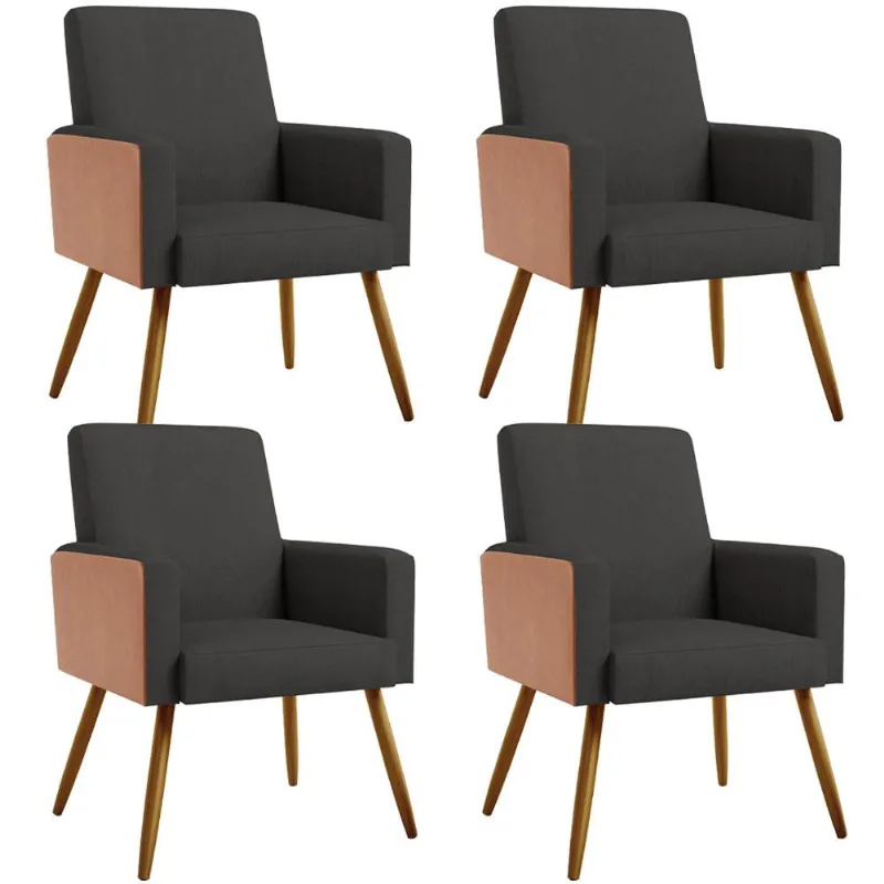 Kit 04 Poltronas Decorativa Maria W01 Pés Palito Linho Chumbo Couríssimo Camel - Lyam Decor