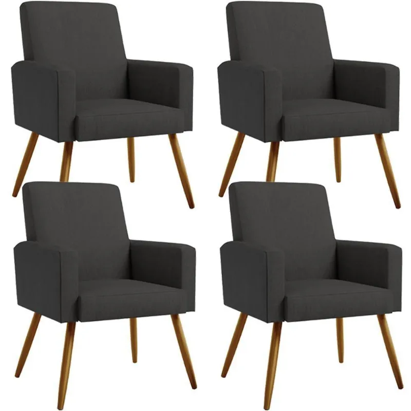 Kit 04 Poltronas Pés Palito Linho Chumbo Couríssimo Preto