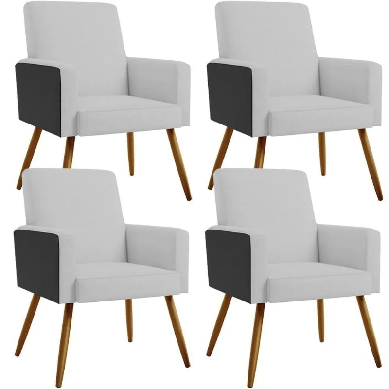 Kit 04 Poltronas Pés Palito Linho Cinza Couríssimo Preto