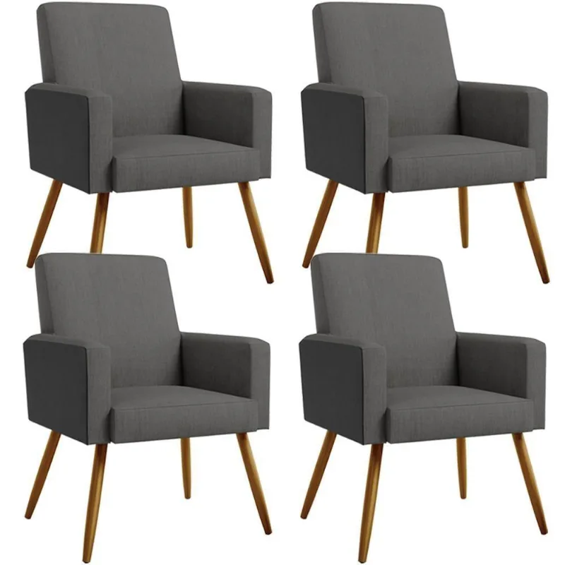 Kit 04 Poltronas Pés Palito Linho Cinza Couríssimo Preto