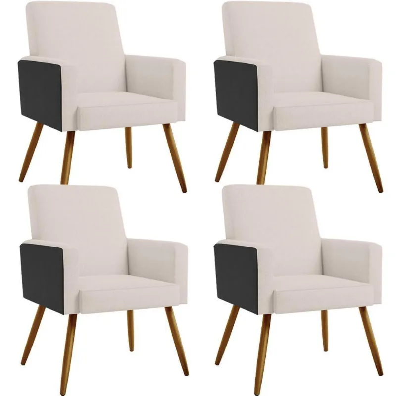 Kit 04 Poltronas Pés Palito Linho Cru Couríssimo Preto