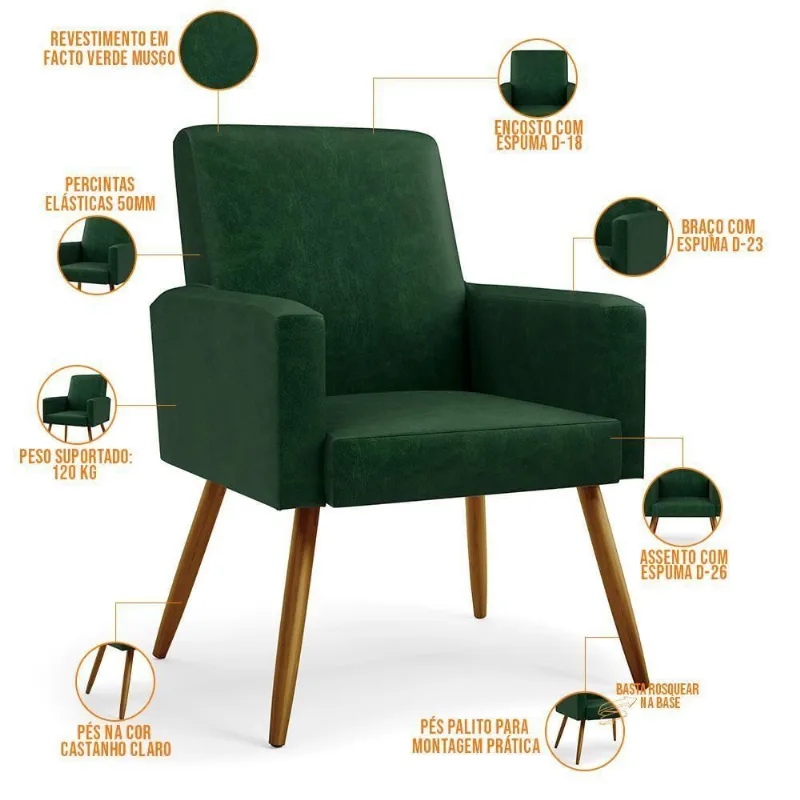 Kit 04 Poltronas Maria W01 Pés Palito Facto Verde Musgo