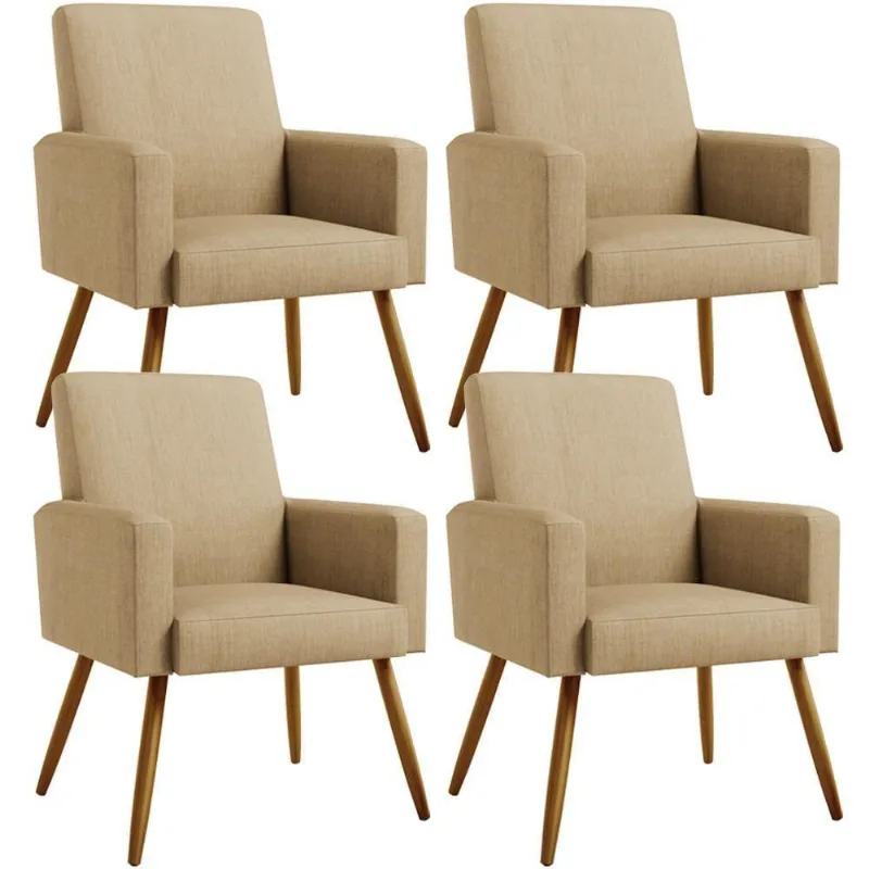 Kit 04 Poltronas Maria Pés Palito Linho Bege Escuro