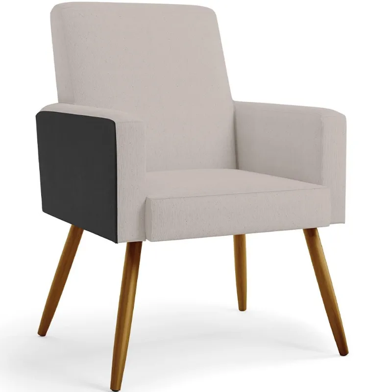 Poltrona Decorativa Maria W01 Pés Palito Linho Bege Couríssimo Preto - Lyam Decor