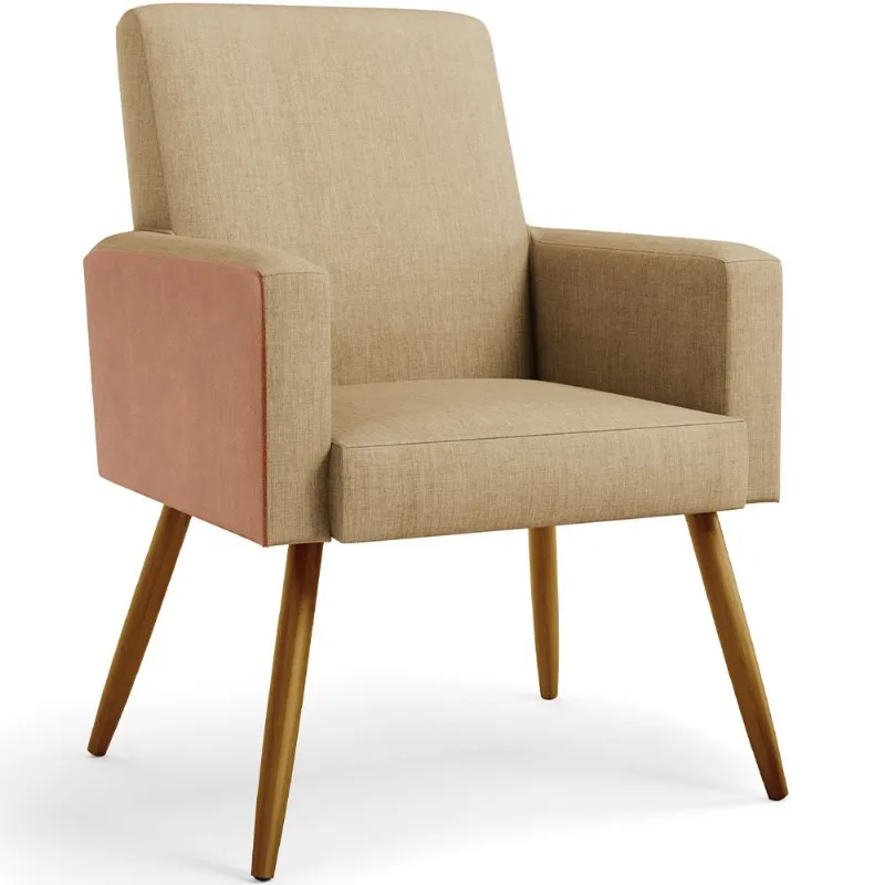 Poltrona Decorativa Maria W01 Pés Palito Linho Bege Escuro Couríssimo Camel - Lyam Decor
