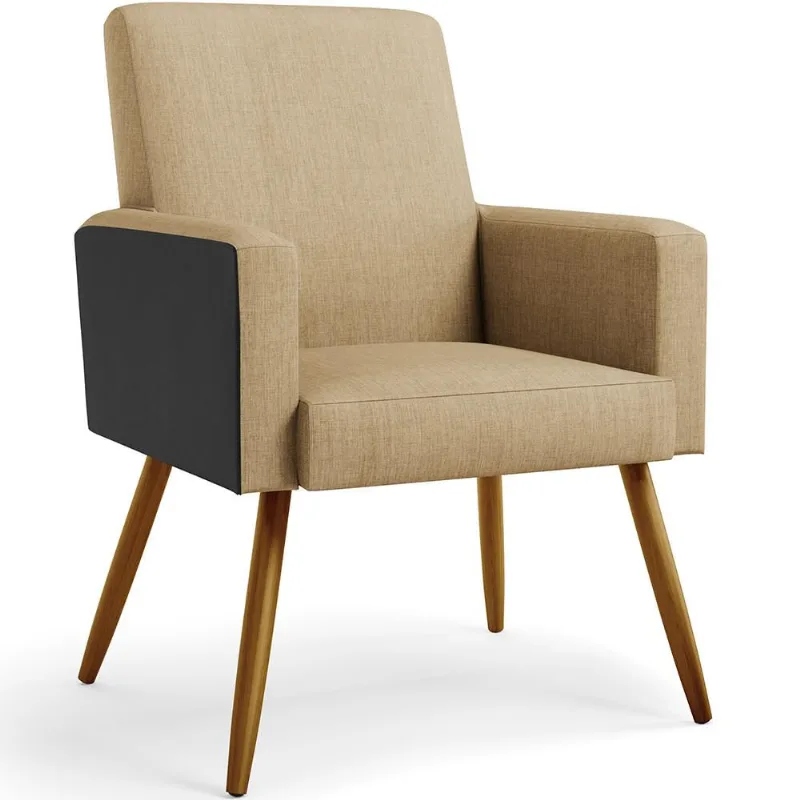 Poltrona Decorativa Maria W01 Pés Palito Linho Bege Escuro Couríssimo Preto - Lyam Decor