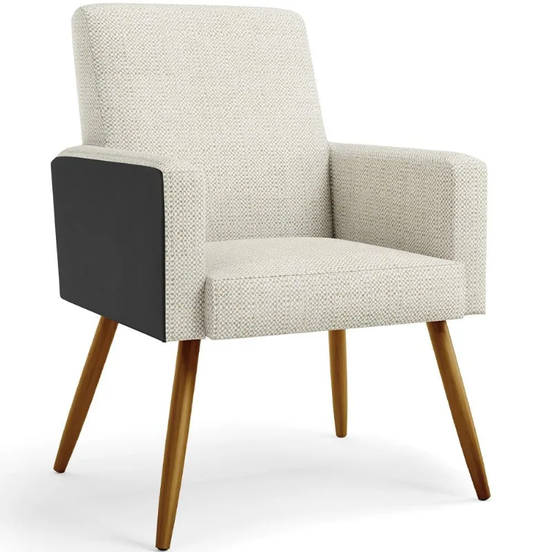 Poltrona Decorativa Maria W01 Pés Palito Linho Champagne Couríssimo Preto - Lyam Decor