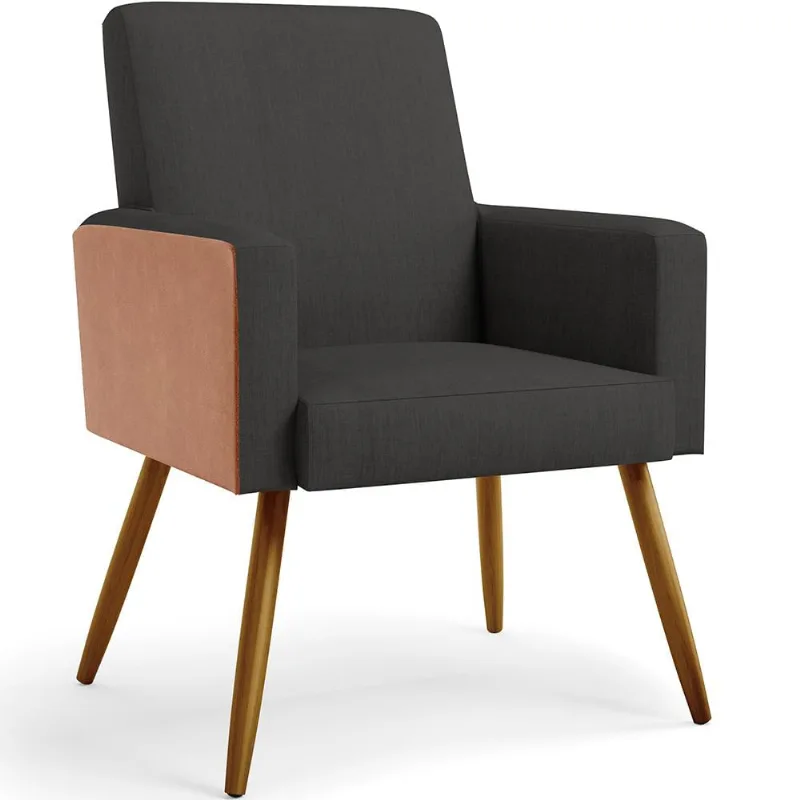 Poltrona Decorativa Maria W01 Pés Palito Linho Chumbo Couríssimo Camel - Lyam Decor