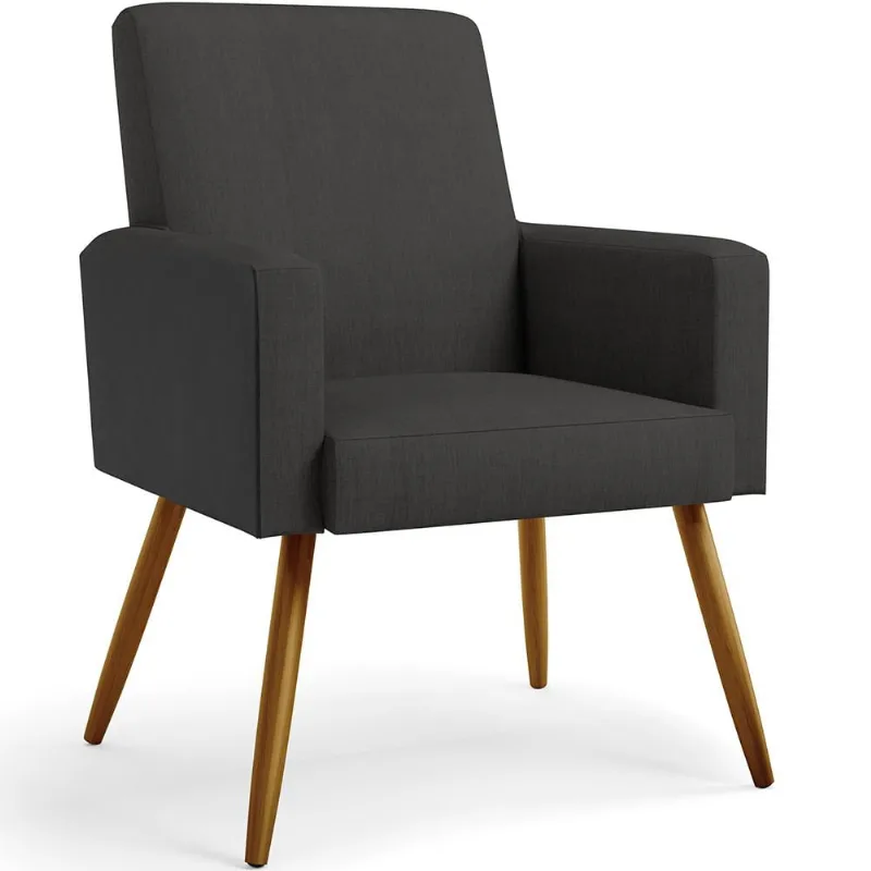 Poltrona Decorativa Maria W01 Pés Palito Linho Chumbo Couríssimo Preto - Lyam Decor
