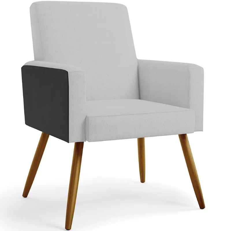 Poltrona Decorativa Maria W01 Pés Palito Linho Cinza Couríssimo Preto - Lyam Decor