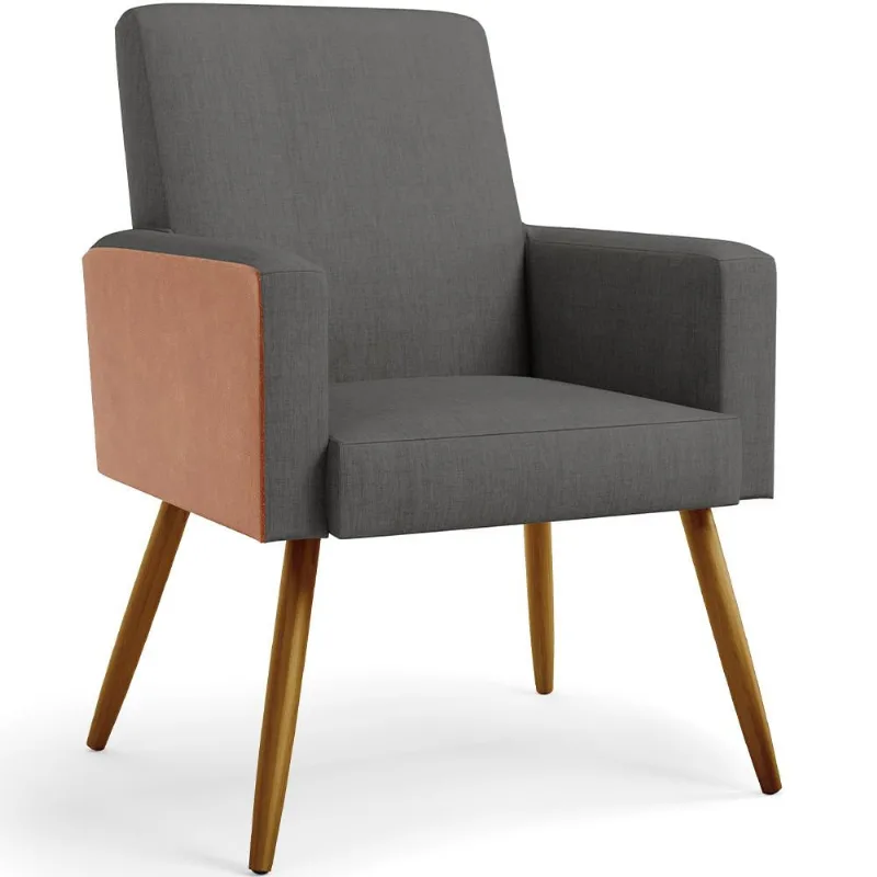 Poltrona Decorativa Maria W01 Pés Palito Linho Cinza Escuro Couríssimo Camel - Lyam Decor