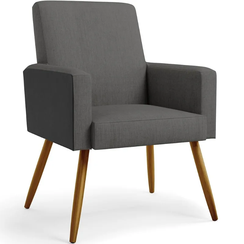 Poltrona Decorativa Maria W01 Pés Palito Linho Cinza Escuro Couríssimo Preto - Lyam Decor