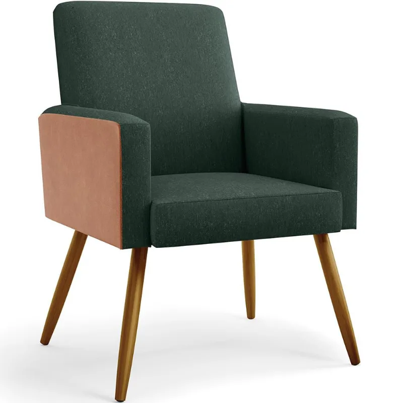 Poltrona Decorativa Maria W01 Pés Palito Linho Verde Musgo Couríssimo Camel - Lyam Decor