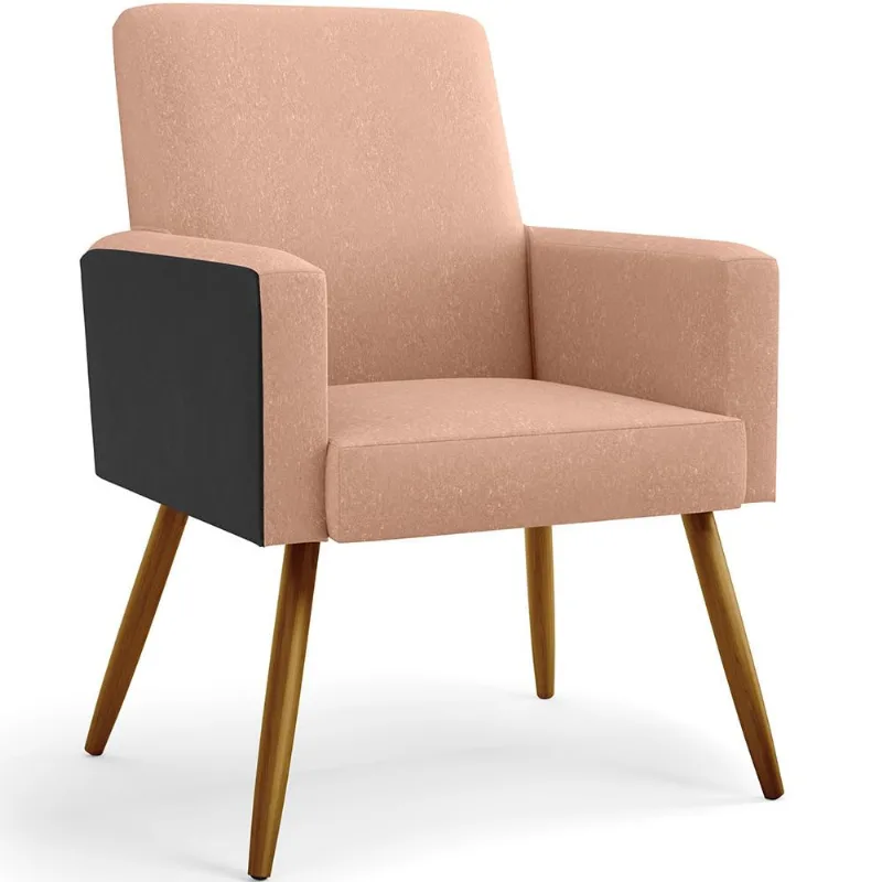 Poltrona Decorativa Para Sala De Estar Maria W01 Pés Palito Linho Rosê Couríssimo Preto - Lyam Decor