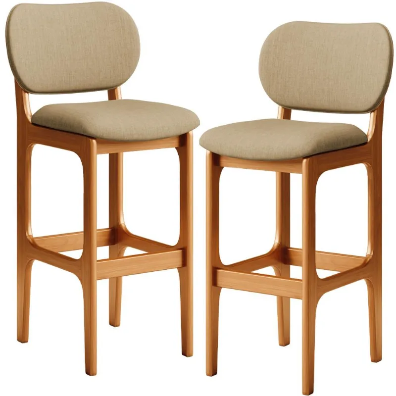 Kit 2 Banquetas Alta Bar Cozinha Sala Jantar Fixa Betta L02 Imbuia Linho Bege Escuro - Lyam Decor