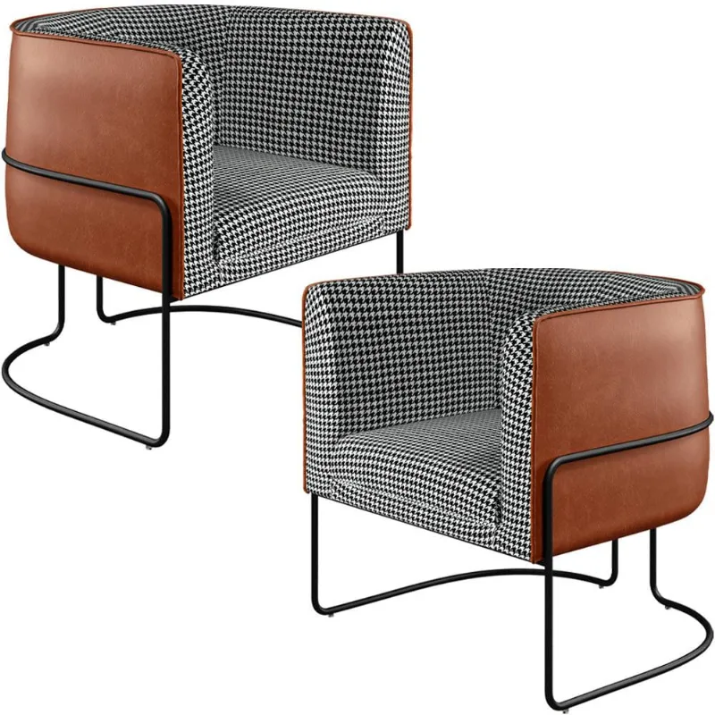 Kit 02 Poltronas Decorativa Fixa Base Aço Preto Betina D02 Pied Poule Corano Camel - Lyam Decor - Lyam Decor