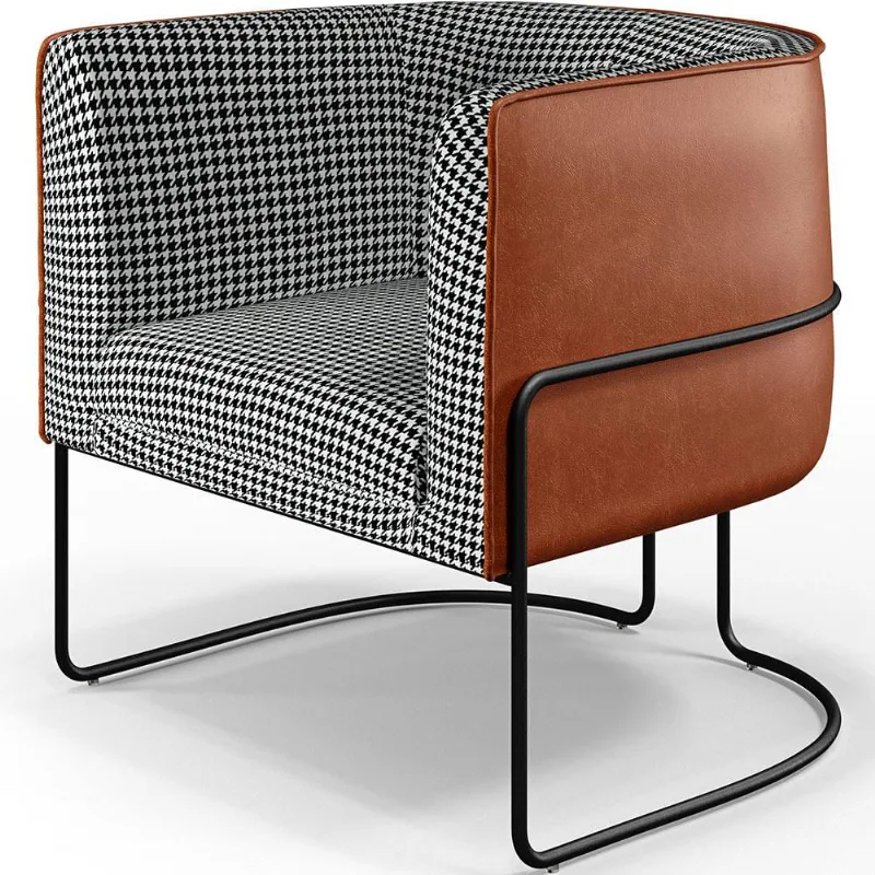 Poltrona Decorativa Fixa Base Aço Preto Betina D02 Pied Poule Corano Camel - Lyam Decor - Lyam Decor