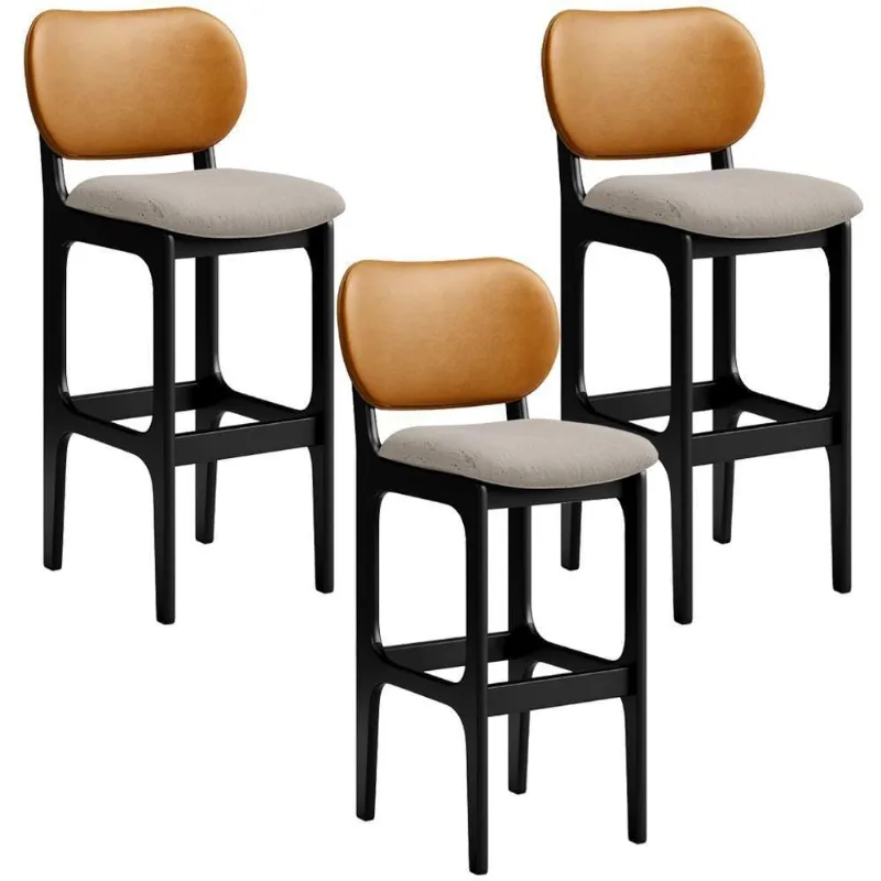 Kit 3 Banquetas Alta Betta Preto Whisky Linho Bege - Lyam Decor