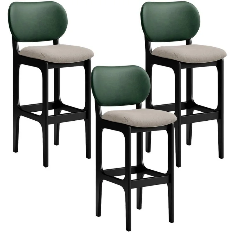 Kit 3 Banquetas Alta Betta Preto Facto Verde Linho Bege - Lyam Decor