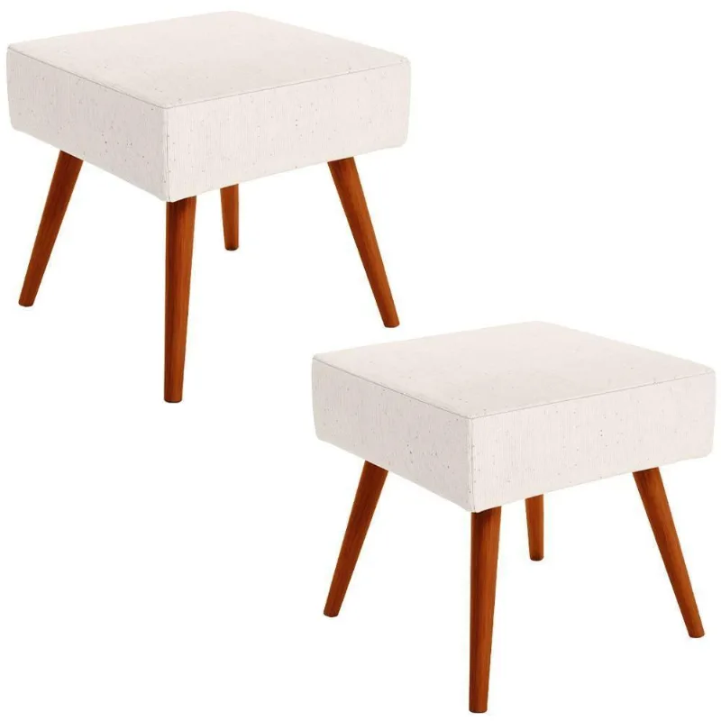 Kit 02 Puffs Banqueta Decorativa Com Pés Palito Linho Cru