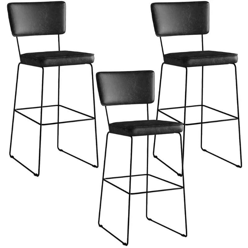 Kit 03 Banquetas Altas Cozinha Sala Jantar Base Em Aço Fixa Allana L02 Couríssimo Preto - Lyam Decor