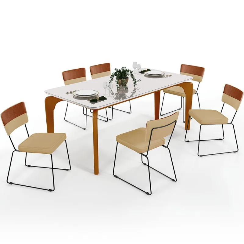Mesa Capri 160 Off White 6 Cadeiras Allana B05 Faixa Couríssimo Camel Linho Bege Escuro - Lyam Decor - Lyam Decor