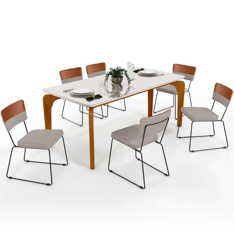 Mesa Capri 160cm Off White Nature Com 6 Cadeiras Allana B05 Couríssimo Camel Linho Bege - Lyam Decor - Lyam Decor