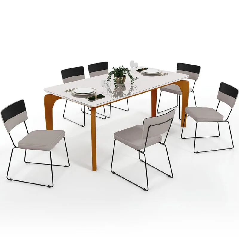 Mesa Capri 160 Off White Nature Com 6 Cadeiras Allana B05 Faixa Corano Preto Linho Bege - Lyam Decor - Lyam Decor