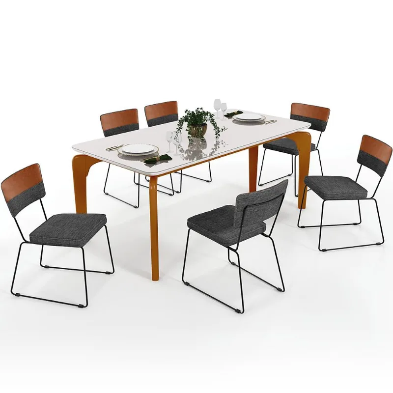 Mesa Capri 160 OffWhite 6 Cadeiras Allana B05 Faixa Couríssimo Camel Linho Cinza Escuro - Lyam Decor - Lyam Decor