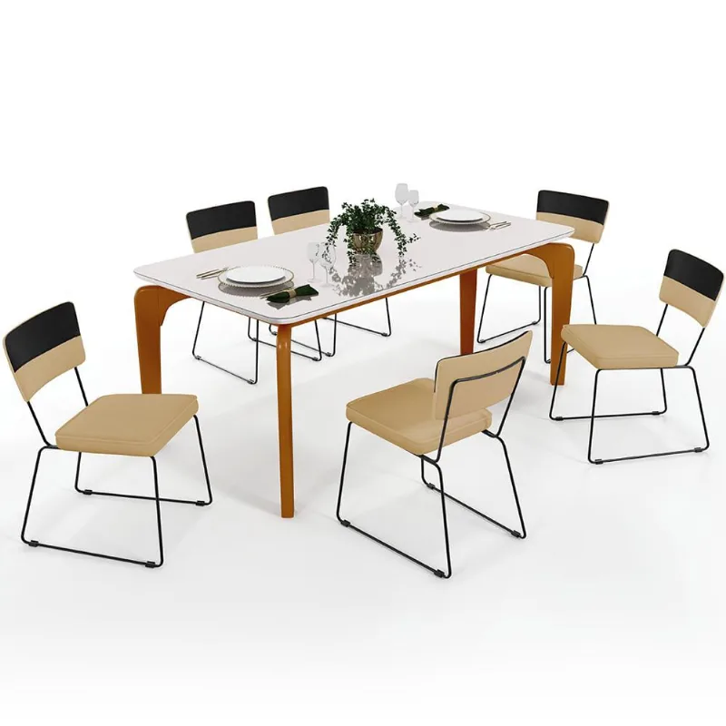 Mesa Capri 160cm Off White 6 Cadeiras Allana B05 Faixa Corano Preto Linho Bege Escuro - Lyam Decor - Lyam Decor