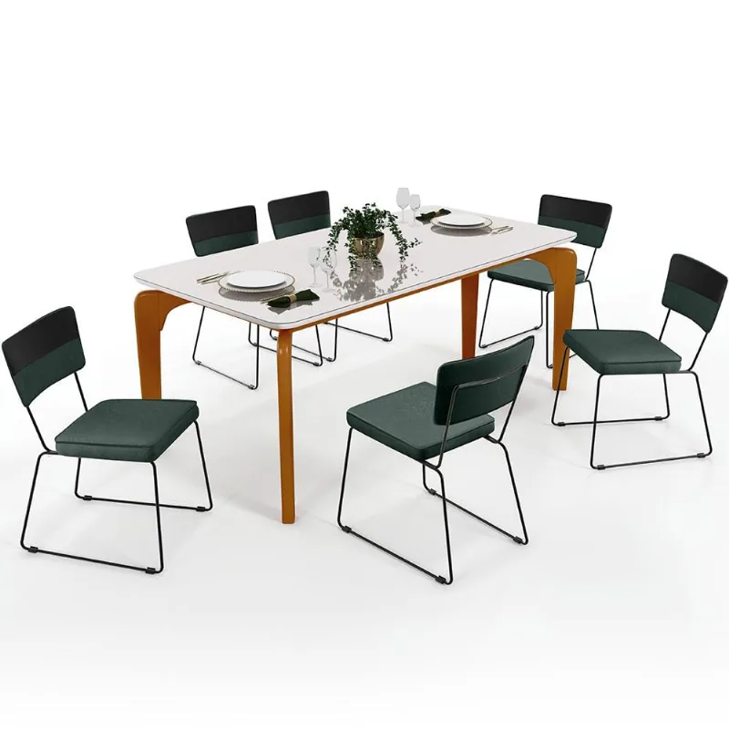 Mesa Capri 160cm Off White 6 Cadeiras Allana B05 Faixa Corano Preto Linho Verde Musgo - Lyam Decor - Lyam Decor