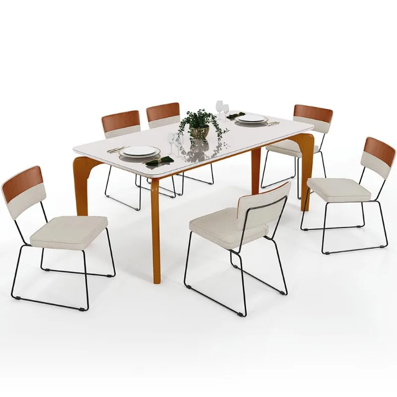 Mesa Capri 160cm Off White 6 Cadeiras Allana B05 Faixa Couríssimo Camel Linho Champagne - Lyam Decor - Lyam Decor