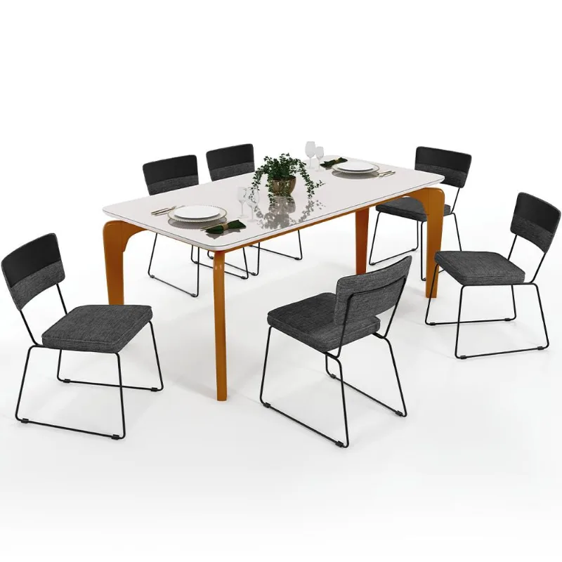 Mesa Capri 160cm Off White Com 6 Cadeiras Allana B05 Corano Preto Linho Cinza Escuro - Lyam Decor - Lyam Decor