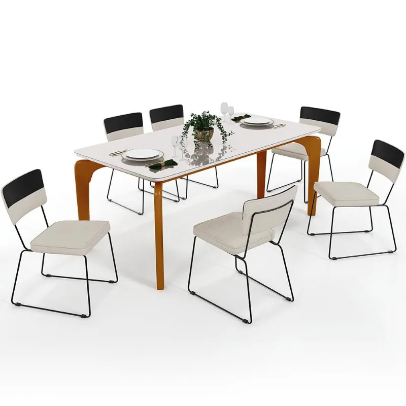 Mesa Capri 160cm Off White Com 6 Cadeiras Allana B05 Faixa Corano Preto Linho Champagne - Lyam Decor - Lyam Decor