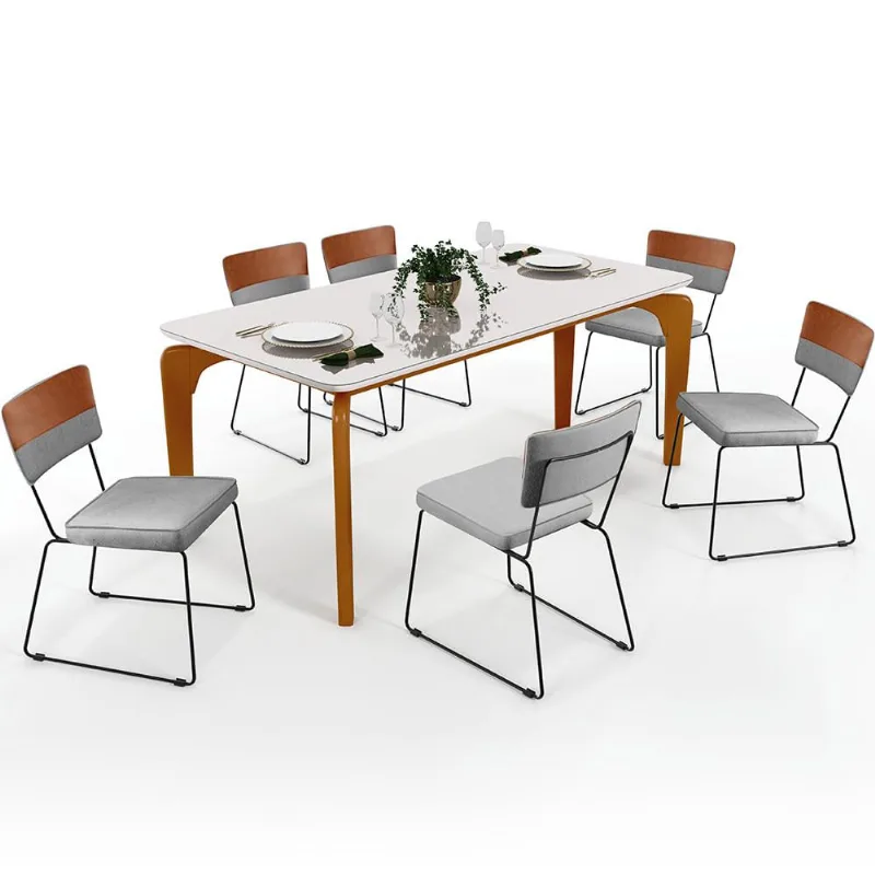 Mesa Capri 160cm Off White Com 6 Cadeiras Allana B05 Faixa Couríssimo Camel Linho Cinza - Lyam Decor - Lyam Decor
