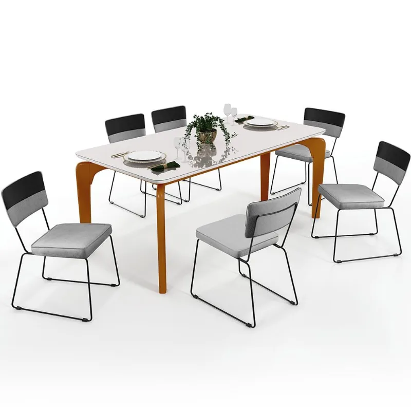Mesa De Jantar Capri 160 Off White 6 Cadeiras Allana B05 Faixa Corano Preto Linho Cinza - Lyam Decor - Lyam Decor