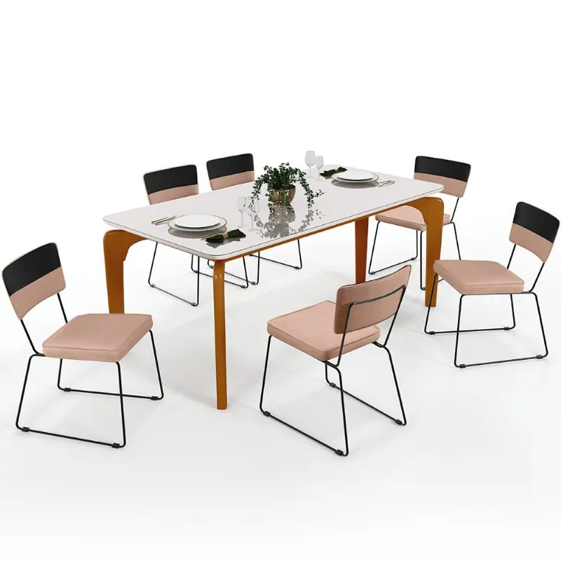 Mesa De Jantar Capri 160 Off White 6 Cadeiras Allana B05 Faixa Corano Preto Linho Rosê - Lyam Decor - Lyam Decor