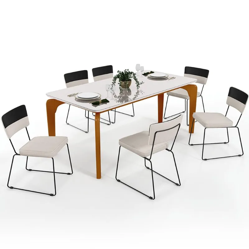 Mesa De Jantar Capri 160cm Off White 6 Cadeiras Allana B05 Faixa Corano Preto Linho Cru - Lyam Decor - Lyam Decor