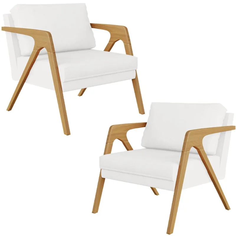 Kit 02 Poltrona Decorativa Para Sala Pietra Estrutura De Madeira L02 Corano Branco - Lyam Decor - Lyam Decor