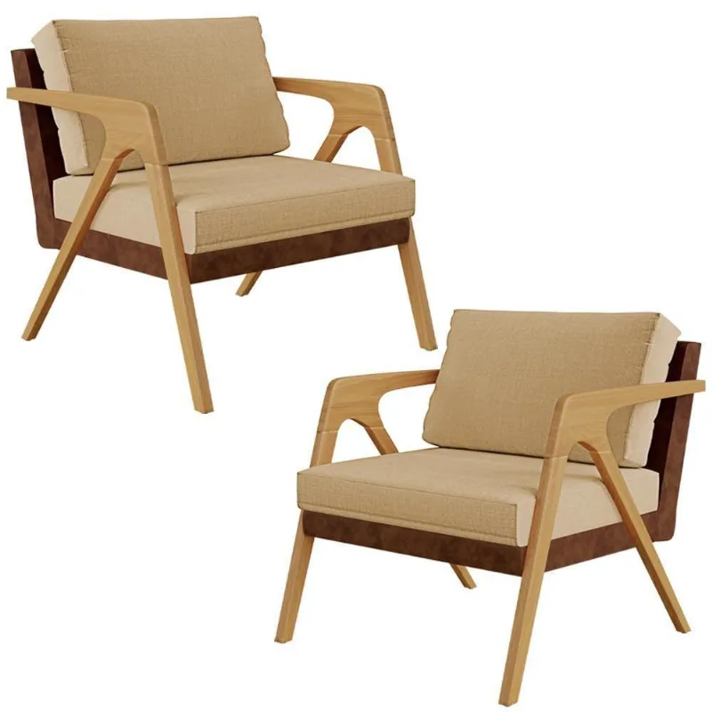 Kit 02 Poltronas Pietra L02 Marrom Linho Bege Escuro