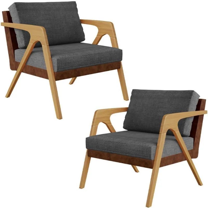 Kit 02 Poltronas Pietra L02 Marrom Linho Cinza Escuro