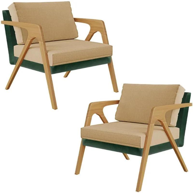 Kit 02 Poltronas Facto Verde Musgo Linho Bege Escuro