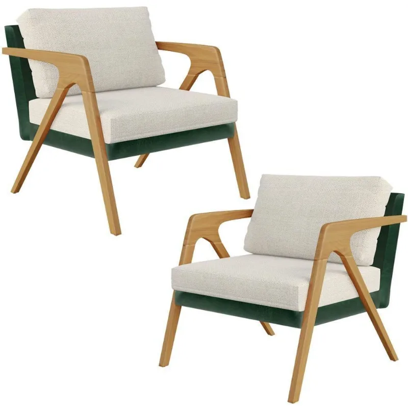 Kit 02 Poltronas Sala L02 Facto Verde Musgo Linho Champagne