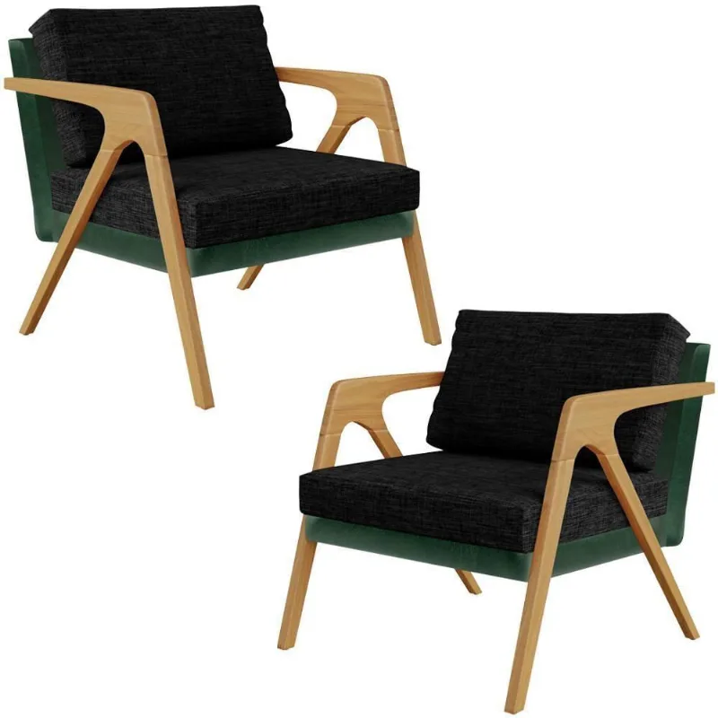 Kit 02 Poltronas Sala L02 Facto Verde Musgo Linho Chumbo