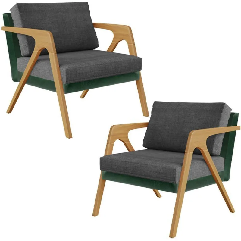 Kit 02 Poltronas Facto Verde Musgo Linho Cinza Escuro