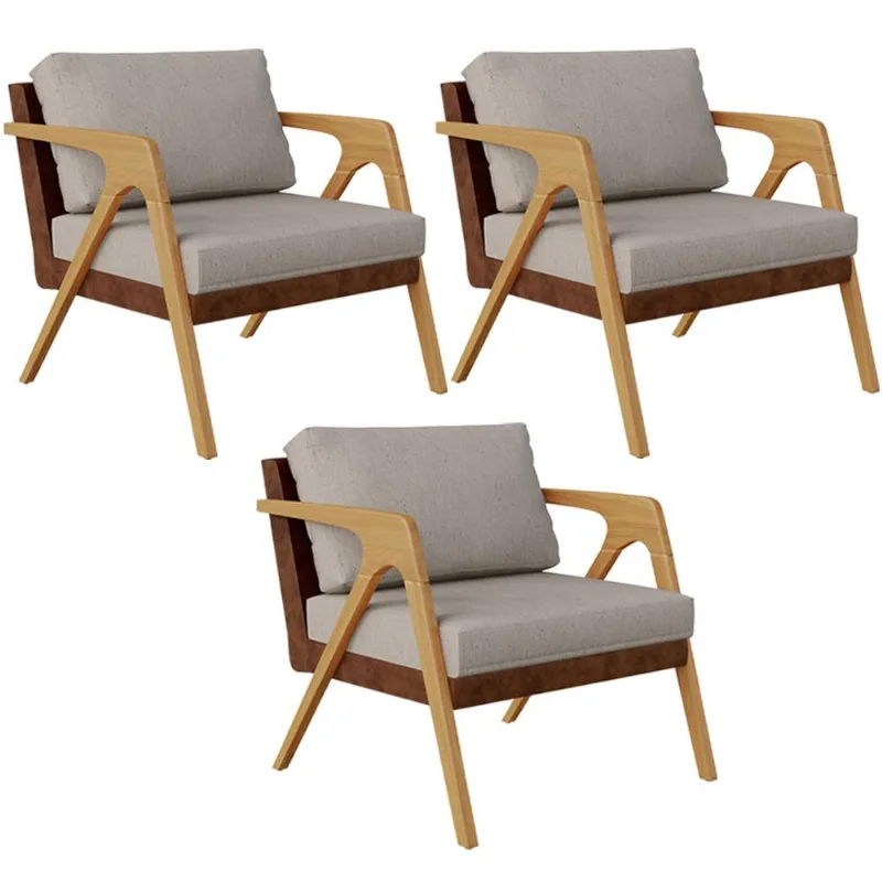 Kit 03 Poltronas Decorativas Para Sala De Estar Pietra L02 Couríssimo Marrom Linho Bege - Lyam Decor