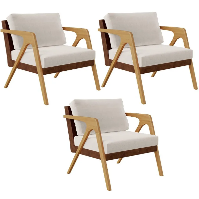 Kit 03 Poltronas Decorativas Para Sala De Estar Pietra L02 Couríssimo Marrom Linho Cru - Lyam Decor